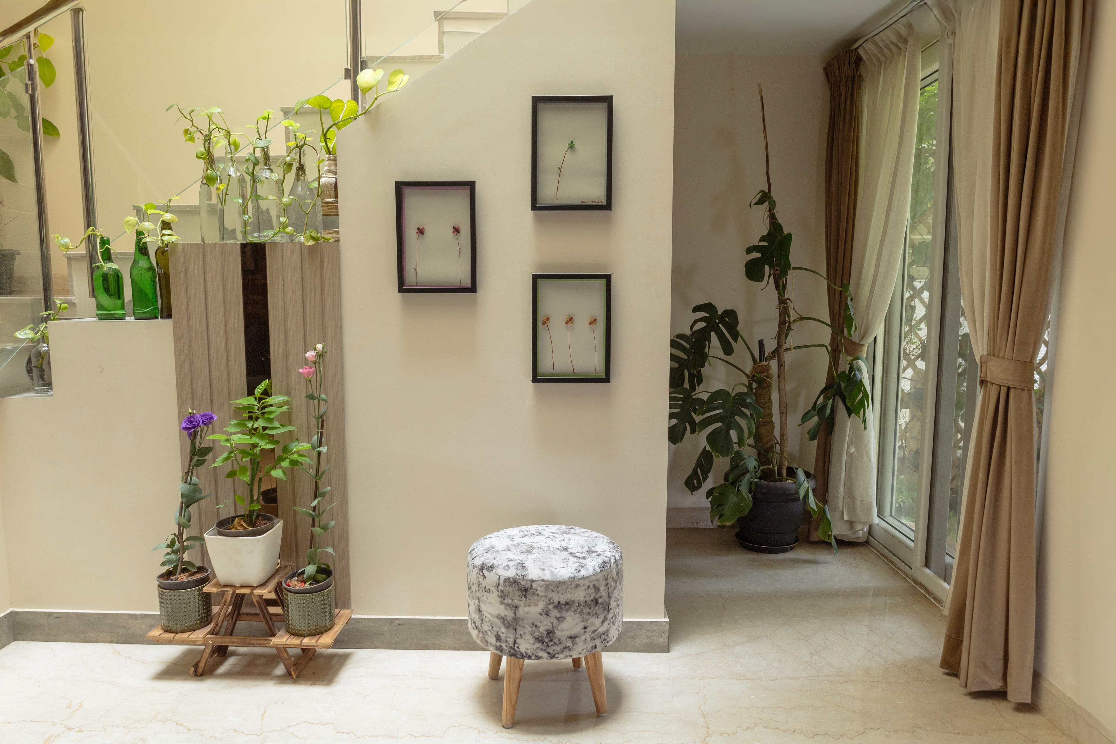 Interior staircase garden with plants and natural elements