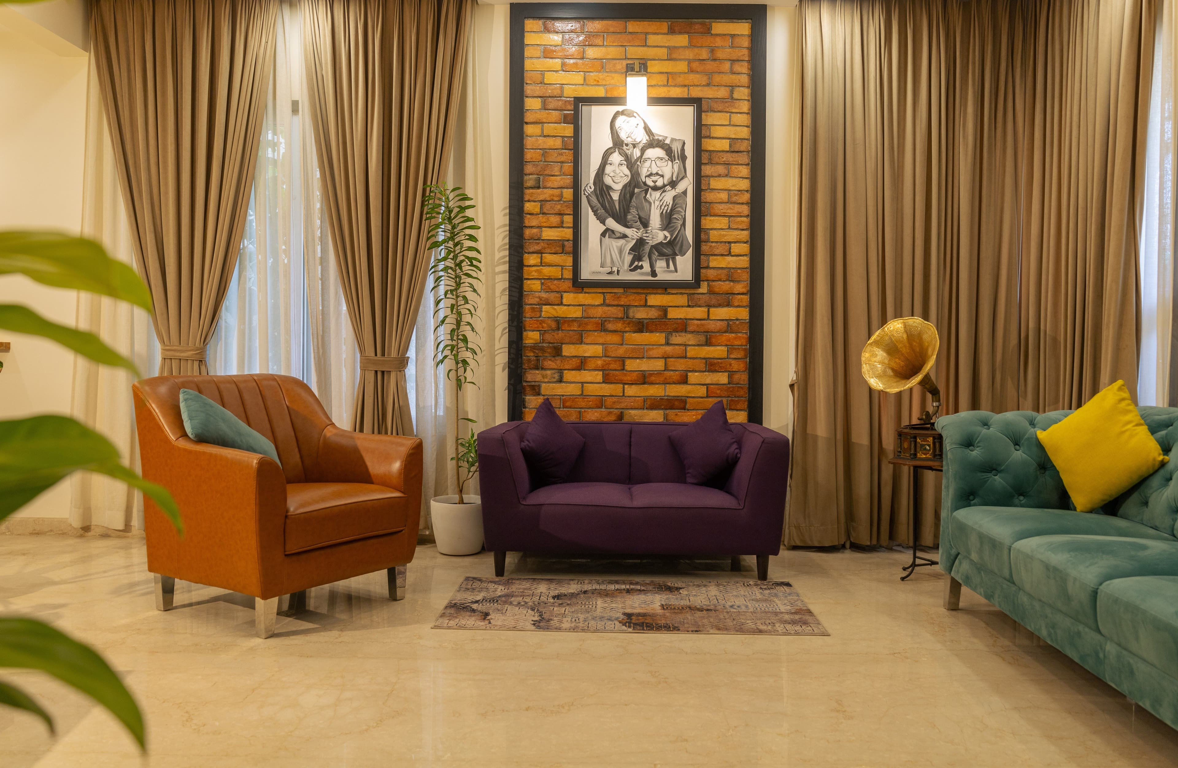 Custom living room with teal and purple seating